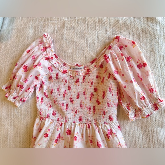 LOVESHACKFANCY Cosette White Cotton & Hot Pink Floral Smocked Ruffle Mini Dress